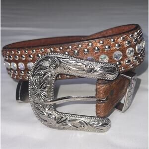 3D Belt Co Western Belt Womens Size 28 Brown Leather Calf Hair Rhinestones Studs